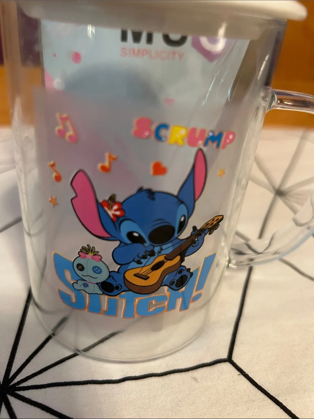 Simplicity Blue Stitch Character Glass Mug with Lid and Spoon